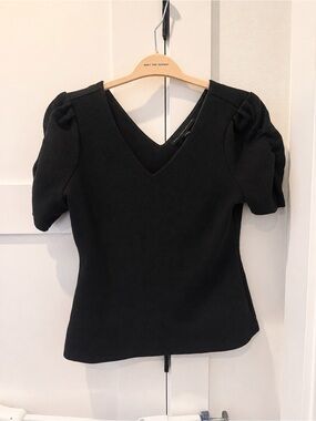 White House Black Market Black V-Neck Puff Sleeve Top